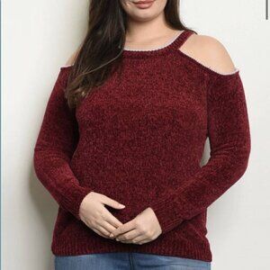 Zenobia Cold Shoulder Chenille Sweater Burgundy